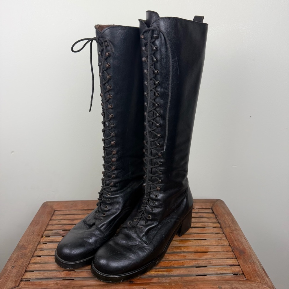 OVVIO Black Leather Lace-Up Knee-High Tall Riding Boots EU 40
